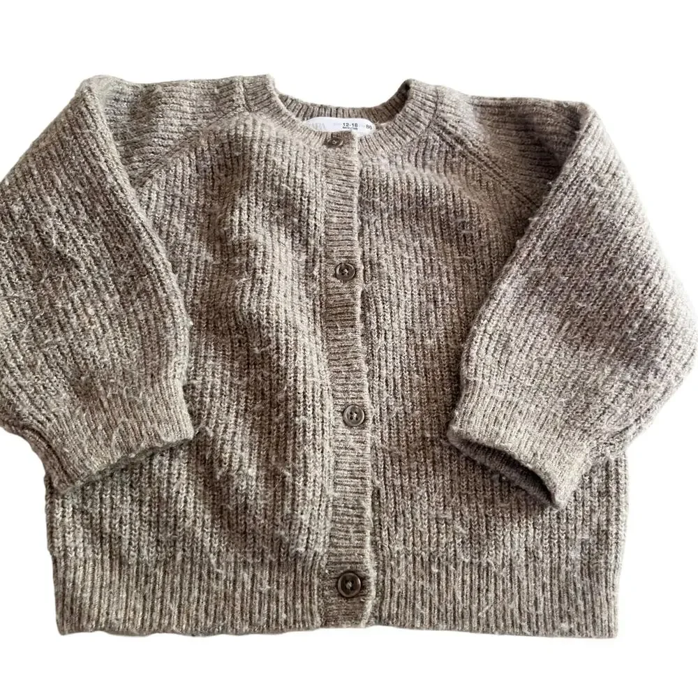 Zara Girls Beige Taupe Rib Knit Button Front Cardigan Sweater 12-18M